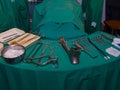 Surgeon and old surgical tools. Royalty Free Stock Photo