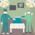 Surgeon in the operating room with a partner. Operating with shadowless lamps, monitors, couch, surgical instruments and doctors. Royalty Free Stock Photo