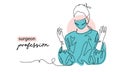 Surgeon portrait, avatar, icon with hands up position. One continuous line art drawing background with surgeon in gloves
