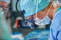 A surgeon`s team in uniform performs an operation on a patient at a cardiac surgery clinic. Modern medicine, a Royalty Free Stock Photo