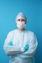 Surgeon in sterile blue uniform, medical gloves and mask Royalty Free Stock Photo