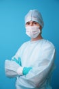 Surgeon in sterile blue uniform, medical gloves and mask Royalty Free Stock Photo