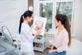 Plastic surgeon teaching woman facial muscles before starting surgery Royalty Free Stock Photo