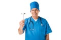 Surgeon in uniform showing reflex hammer Royalty Free Stock Photo