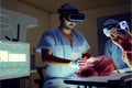 Doctor using virtual reality goggles and moving hands in medical training. Surgeon Wearing Augmented Reality VR Glasses