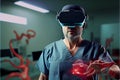 Surgeon Wearing Augmented Reality VR Glasses Perform Brain Surgery with Help of Animated 3D Brain Model, Using Gestures. Royalty Free Stock Photo