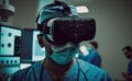 Surgeon wearing an VR headset inside an operating room. Futuristic concept of doctor training with virtual or augmented reality.