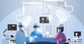 Surgeons medical team wearing virtual reality holographic hololens glasses operating patient high tech operation room