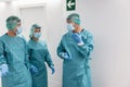 Surgeons preparing for surgical operation during coronavirus outbreak - Focus on left doctor
