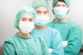 Surgeons team, man and woman wearing protective uniforms