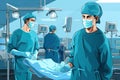 Surgeons team in operating room. Vector illustration in cartoon style, Medical doctor ER team, surgeon and anesthetist on medical