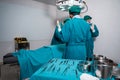 Surgeons team in surgical gown performing surgery a seriously injured patient and surgical equipment in operating room Royalty Free Stock Photo