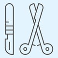 Surgery tools thin line icon. Medical instruments, scissors and scalpel. Health care vector design concept, outline Royalty Free Stock Photo