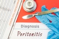 Surgical diagnosis of Peritonitis. Surgical medical instrument scalpel, latex gloves, blood test analysis lie close beside text in