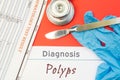 Surgical diagnosis of Polyps. Surgical medical instrument scalpel, latex gloves, blood test analysis lie close beside text inscrip