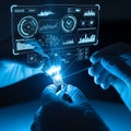 Surgical gloves precisely handle a delicate microchip under intense blue light in a dark science lab, with real-time diagnostics d Royalty Free Stock Photo