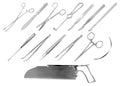 Surgical instruments. Different types of tweezers, scalpels, Liston s amputation knife, clip , straight scissors