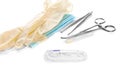 Surgical instruments forceps for closing a wound, curved tweezers, thread with needle, medical mask and rubber gloves on white bac Royalty Free Stock Photo