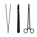 Surgical instruments. Medical scalpel, clamp, forceps or tweezers icon. Surgery symbol. Vector illustration.