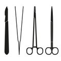 Surgical instruments. Medical scalpel, clamp, forceps or tweezers icon. Surgery symbol. Vector illustration.