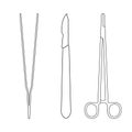 Surgical instruments. Medical scalpel, clamp, forceps or tweezers line icon. Surgery symbol. Vector illustration. Royalty Free Stock Photo
