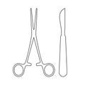 Surgical instruments. Medical scalpel and clamp line icon. Surgery symbol. Vector illustration. Royalty Free Stock Photo