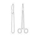 Surgical instruments. Medical scalpel and clamp line outline icon. Surgery symbol. Vector illustration. Royalty Free Stock Photo