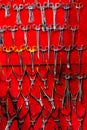Surgical instruments, medical scissors and various types of clamps hang on the stand Royalty Free Stock Photo
