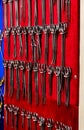 Surgical instruments, medical scissors and various types of clamps hang on the stand Royalty Free Stock Photo