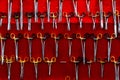 Surgical instruments, medical scissors and various types of clamps hang on the stand Royalty Free Stock Photo