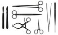 Surgical instruments. Medical and surgery tools: scalpel, calm, forceps or tweezers, scissors.