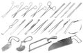 Surgical instruments set. Tweezers, scalpels, Liston s knife, clamp, scissors, Folkman hook, Meyer forceps, needle