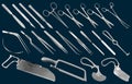 Surgical instruments set. Tweezers, scalpels, Liston s knife, clamp, scissors, Folkman hook, Meyer forceps, needle