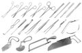 Surgical instruments set. Tweezers, scalpels, Liston s knife, clamp, scissors, Folkman hook, Meyer forceps, needle