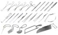 Surgical instruments set. Tweezers, scalpels, plaster and bone saws, brain, amputation and plaster knives, forceps and