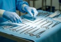 Surgical instruments on sterile blue cloth in operating room Royalty Free Stock Photo