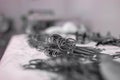 surgical instruments on a sterile table in the operating room. Preparedness before operations Royalty Free Stock Photo