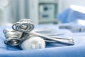 Surgical instruments and tools arranged on a hospital table for a surgery Royalty Free Stock Photo