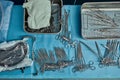 Surgical instruments and tools including scalpels, forceps and tweezers arranged on a table for a surgery Royalty Free Stock Photo