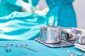 Surgical instruments and tools including scalpels, forceps, and tweezers arranged on a table for surgery, operating room with Royalty Free Stock Photo