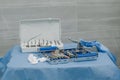 Surgical kit of instruments used in dental implantology. Dental implantation surgical set. Dentist orthopedist tools Royalty Free Stock Photo