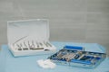Surgical kit of instruments used in dental implantology. Dentist orthopedist tools. Dentistry. Dental implantation Royalty Free Stock Photo