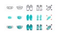 Surgical Mask And Medical Gloves. Covid-19, Coronavirus Disease 2019 Prevention. Line Outline, Flat, Filled Icons Set. Editable