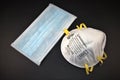 Surgical mask and N95 Respirator isolated on black