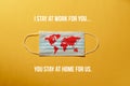 Surgical mask with a red map of the world, with message