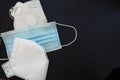 Surgical mask with rubber ear straps. Typical 3-ply surgical mask, masks pff2 and pff3 against covid. Procedure mask from bacteria