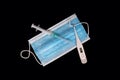 Surgical mask, syringe, needles, thermometer and hand disinfection