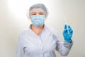 Surgical Nurse in cap and mask in medical clinic. A syringe with medicine is in the hands of a nurse. Close-up portrait. Health Royalty Free Stock Photo