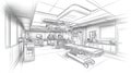 Operating Room Sketch Modern Surgical Suite with Equipment and Stretcher Royalty Free Stock Photo