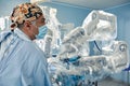 Surgical system with minimally invasive robot in a hospital. Robotic technological equipment, manipulator surgeon in a Royalty Free Stock Photo